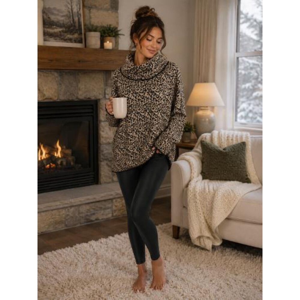 Calvin Klein Animal Print Cowl Neck Sweater Size L Tan Black Stretchy Soft Cozy